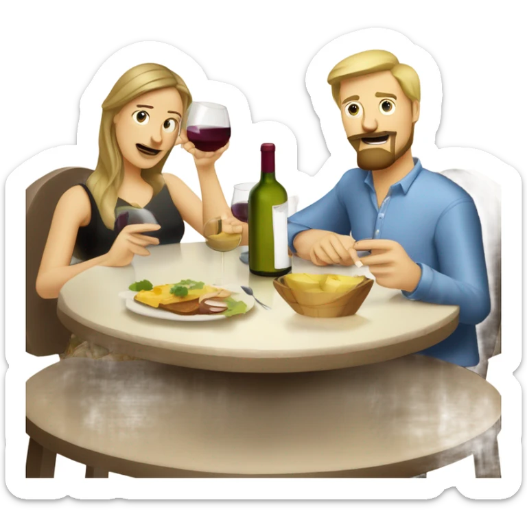 Repas raclette et deux verres de vin blanc en couple, femme blonde cheveux aux-dessus des épaules homme petite barbe et moustache grisonnantes et cheveux bruns grisonnant  sticker