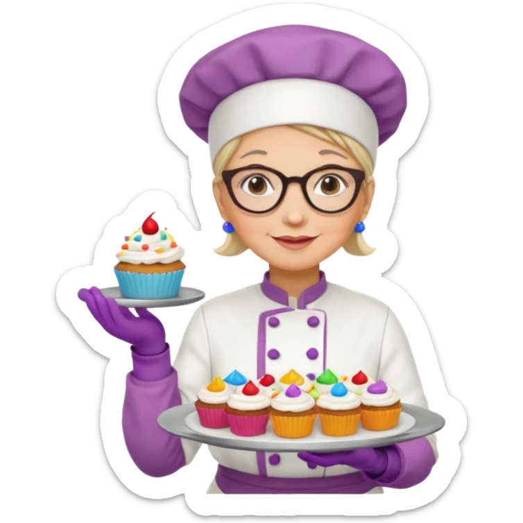 Older female pastry chef – round glasses, oven mitts on, holding a tray of cupcakes

 sticker