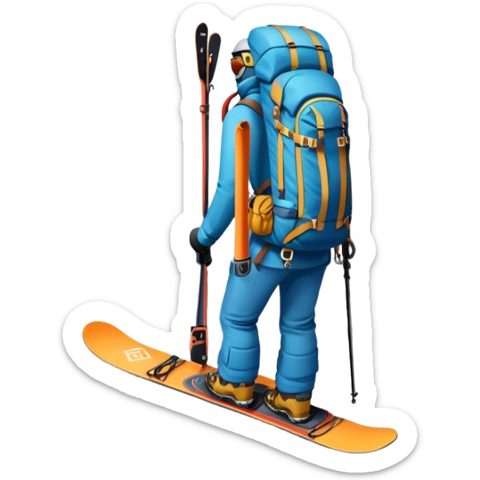 Icon for Mountain Tourism: a snowy peak landscape with skis, a snowboard, climbing equipment, a backpack and a camera. The icon should represent the adventure and excitement of mountain travel and outdoor exploration. Transparent background. sticker