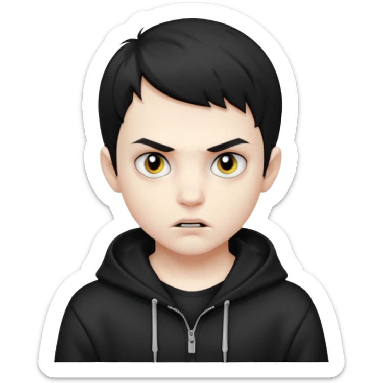 Vampire boy with the short black hair, pale scin, black eyes, little fangs and dark circles under his eyes. He has serious face and he wear a black hoodie sticker