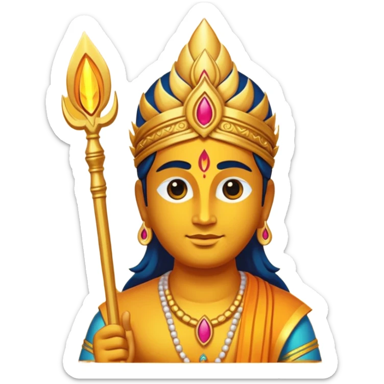A minimal, divine emoji-style illustration of Lord Murugan, serene face, glowing vel (spear) symbol, bright golden aura, vibrant colors, simple rounded emoji design, high clarity, spiritual and peaceful expression, white background. sticker