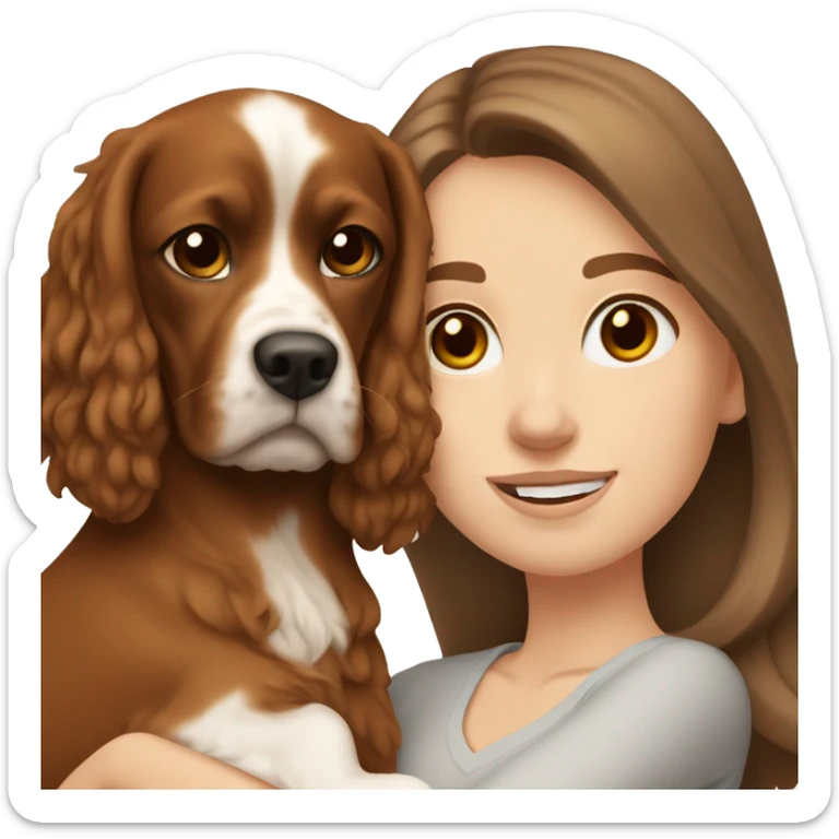 White girl with brown hair holding brown cavalier dog sticker