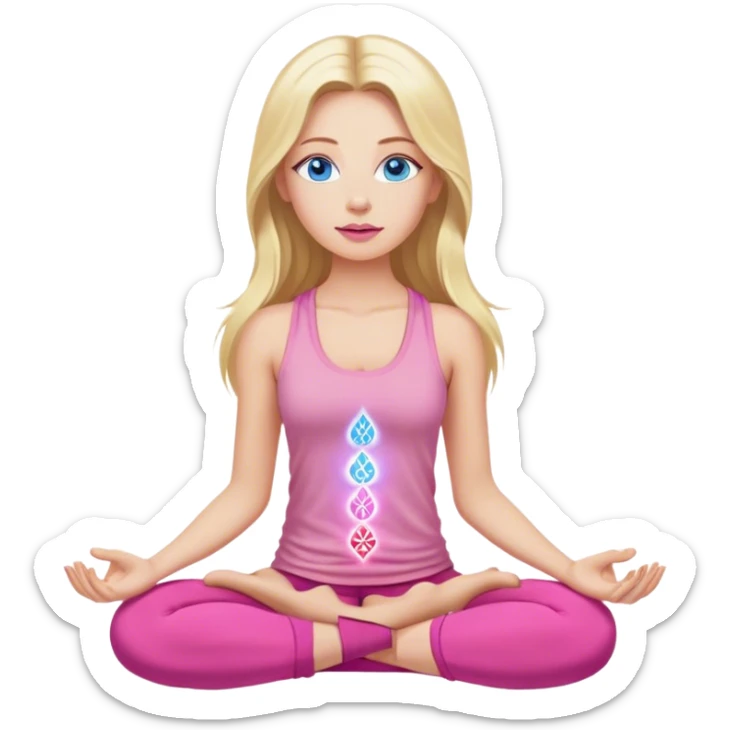 Cinematic realistic blonde with long hair, Cinematic realistic blonde with long hair, blue eyes and pink lips, wearing a pink tank top, meditates, her chakras glow sticker