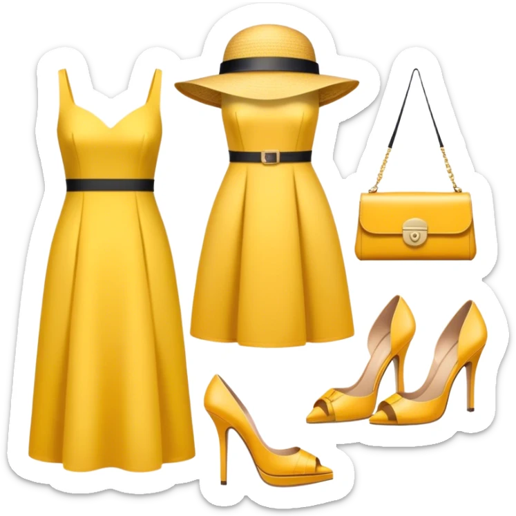 Icon for Fashion Design: a clothing scheme, a stylish hat, a bright dress, shoes, and a handbag with measurements, a measuring tape and a pencil. The emoji should represent the creative and precise process of fashion design. Transparent background. sticker