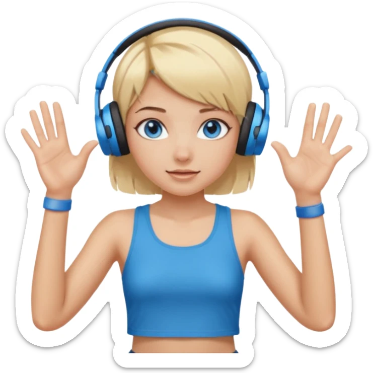 girl with blonde and middle short hair and blue eys with heands telling what, having heaphones on head, and short  sticker