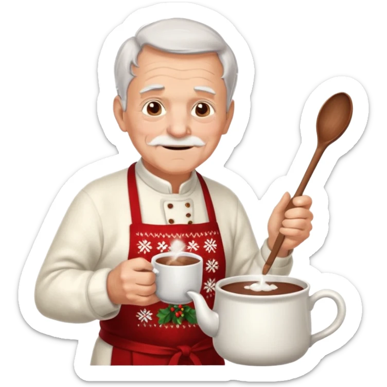A gentle old man in a festive sweater and a white apron, stirring a pot of rich hot chocolate. sticker