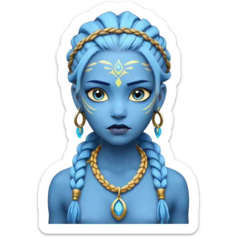 Create an icon of a Na’vi-inspired female character with glowing blue skin, braided hair, tribal forehead markings, large expressive eyes, gold earrings, and a rope necklace with a golden pendant. The expression should be calm and serious, matching the style of the movie Avatar sticker