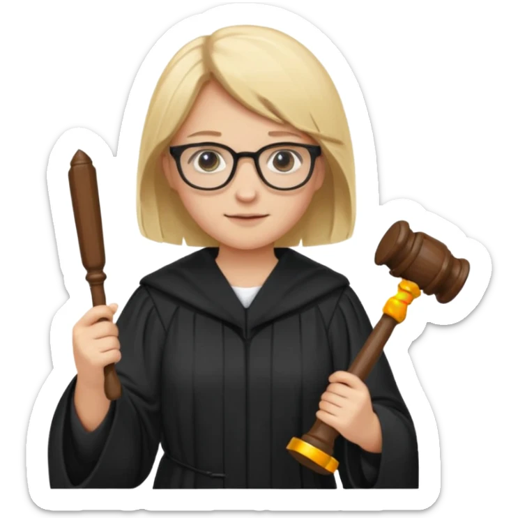 Young judge, blonde hair with glasses and robe, hold a paper and gavel sticker