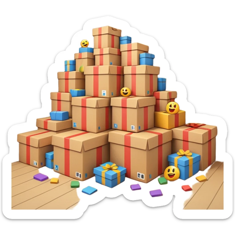 Generate a realistic emoji-style of a overfilled storage room where the packages dont have much space and everything seems chaotic and te packages are falling over sticker