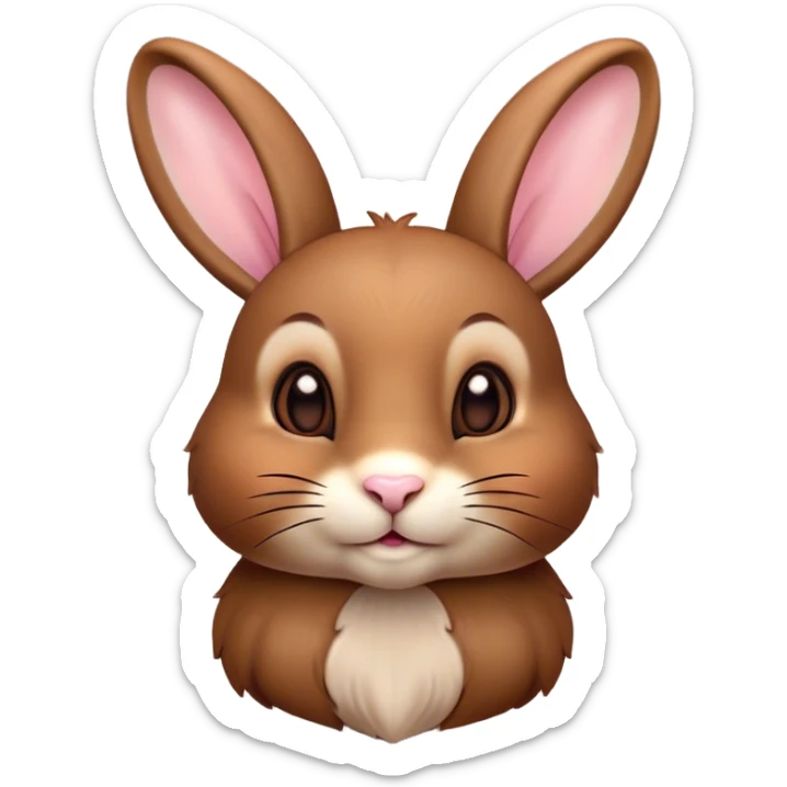 Cinematic Cute Brown Rabbit Portrait Emoji, Head tilted playfully and inquisitively, featuring a glossy, velvety brown fur with perky ears, round, sparkling brown eyes filled with curiosity, Simplified yet irresistibly adorable features, highly detailed, glowing with a warm, friendly glow, high shine, affectionate and lively, stylized with a touch of whimsy, bright and endearing, soft glowing outline, capturing the essence of a mischievous yet loving bunny, so playful it feels like it could hop out of the screen and into your arms! sticker