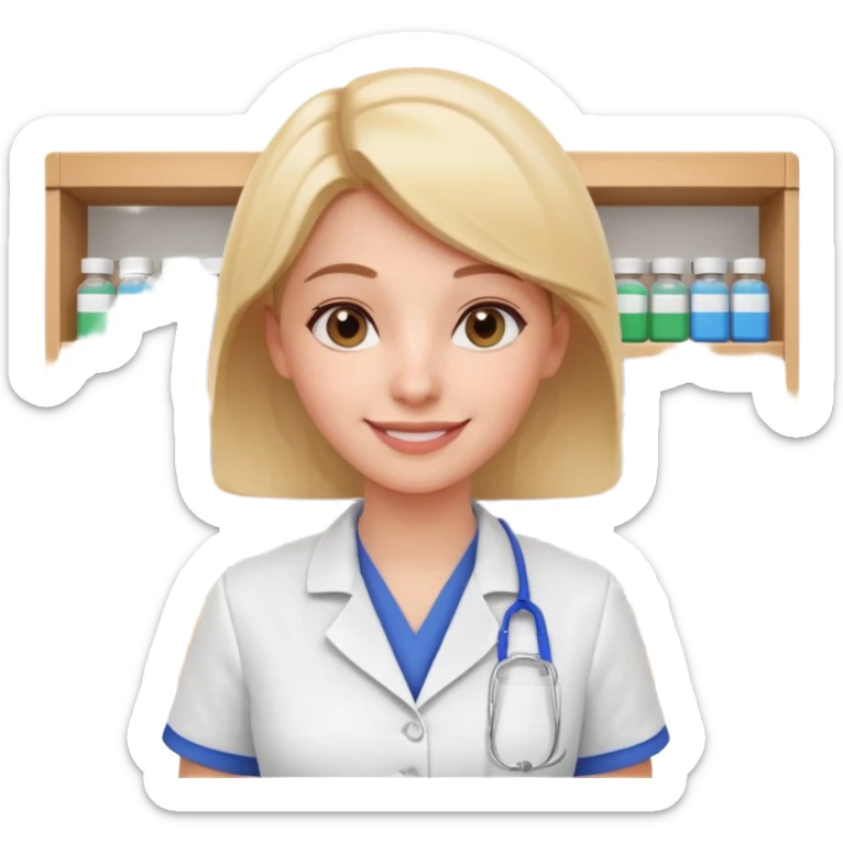 female pharmacist portrait, head and shoulders only, wearing a pharmacy apron, friendly smile, blurred medicine boxes on shelves in background, retail pharmacy vibe, 3D cartoon, mobile game icon style, no text, no watermark
 sticker