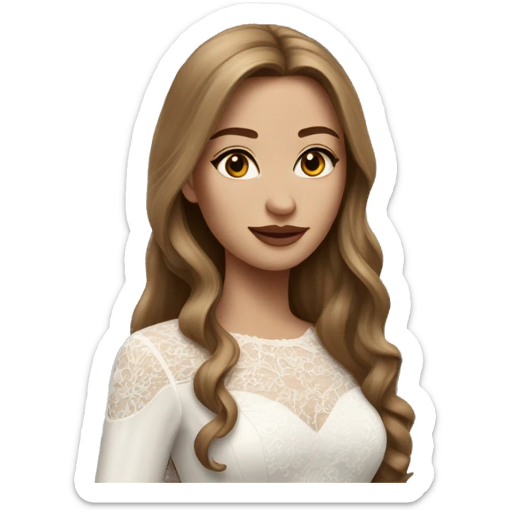 Beautiful woman with long straight light brown hair wearing a long sleeved laced wedding dress sticker