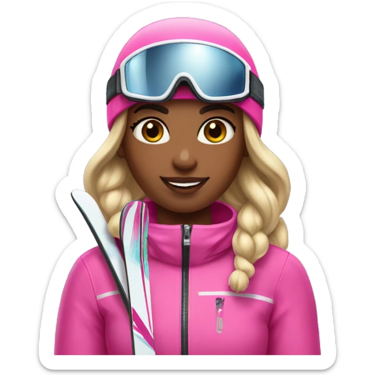 Black Skier girl with long hair in pony tail, black eyes and pink gear show skis and legs  sticker