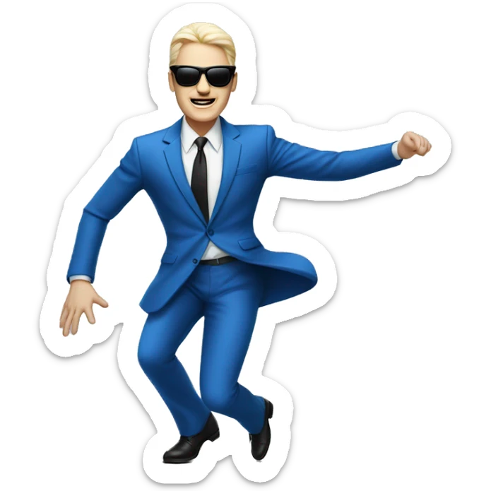 A white-skinned man in a blue suit, square sunglasses dances to the music in full height sticker