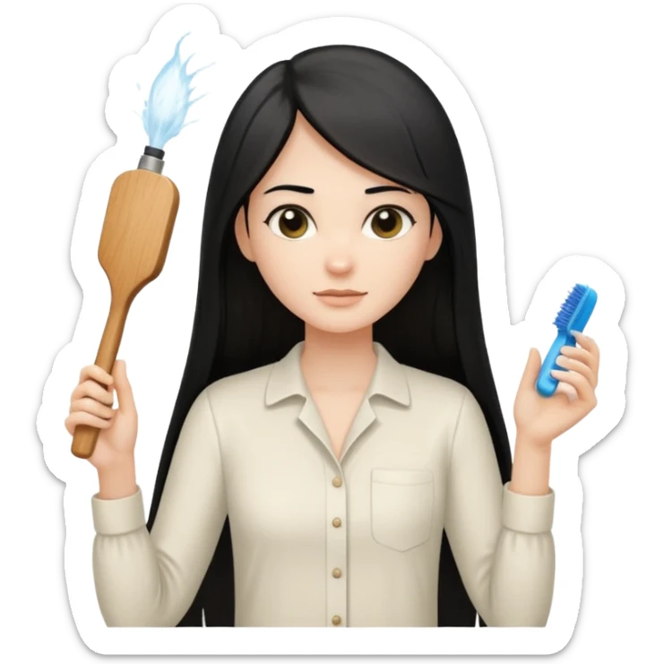 A white woman with long, straight black hair, wearing an ivory-colored shirt, holding a small square wooden paddle hairbrush in her left hand and spraying a hair mist bottle with her right hand toward her hair. sticker