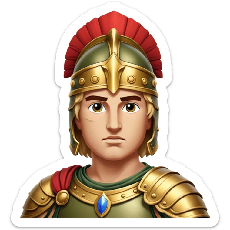 Cinematic Realistic Alexander the Great Portrait Emoji, depicted as a bold, charismatic ancient conqueror in regal armor with a commanding gaze, rendered with lifelike textures and dramatic heroic lighting that captures his legendary ambition. sticker