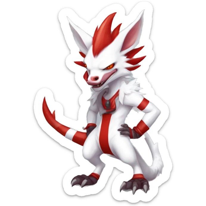 White edgy cute badass epic anthro modern albino sergal-vernid-Fakémon with red mane and red eyes, red stripes, red horns,  full body sticker