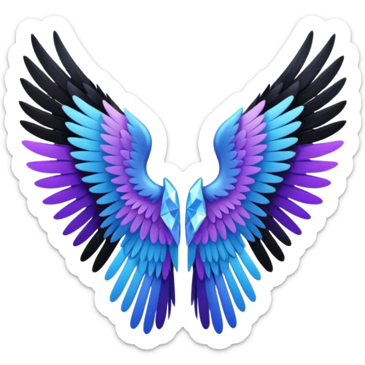 crystal angel wings, black feathers at the tips, hints of purple and blue, emoji style sticker