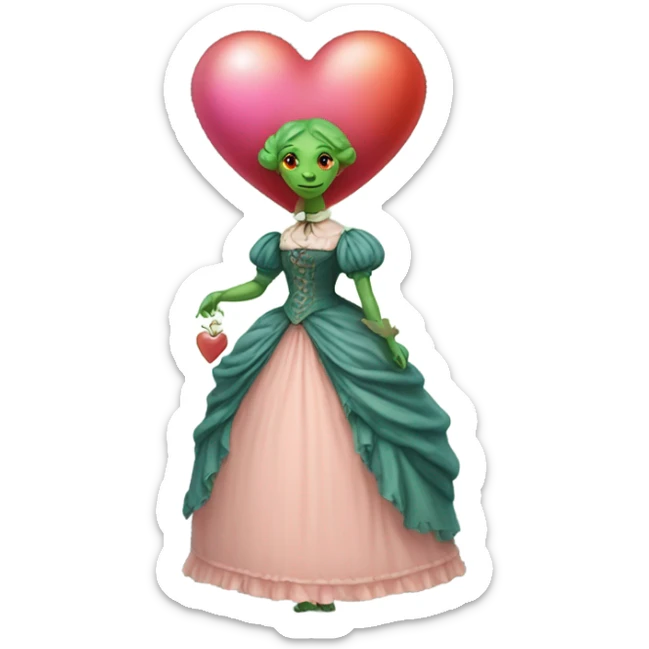 a green reptilian woman in Victorian orange and blue dress, pink hair,holdig, red big hearth, full body sticker