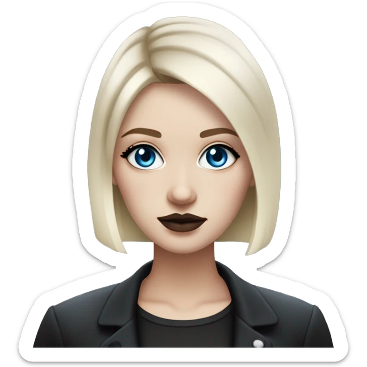 Slavic adult woman, goth eyes makeup, pink lips, blue eyes, medium bob black-to-blonde ombre straight hair, white T-shirt and black office jacket. sticker