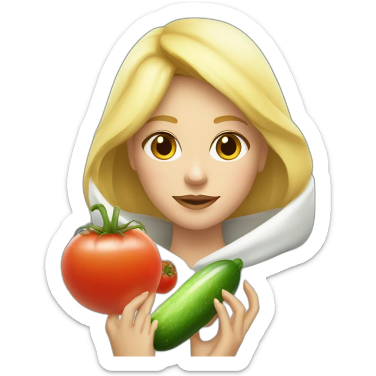 blonde girl  eating  cucumber and tomatoes with white hoodie iridescent and a crown princess sticker