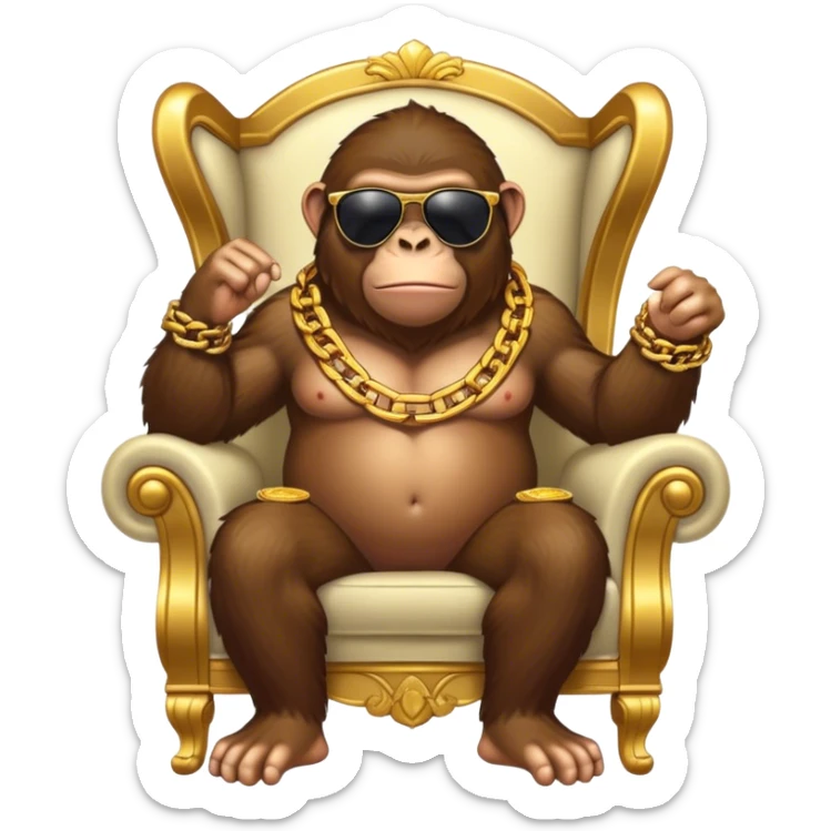 ape with big golden chain on the neck wearing sunglasses sitting in the armchair that stands on gold coins full height sticker