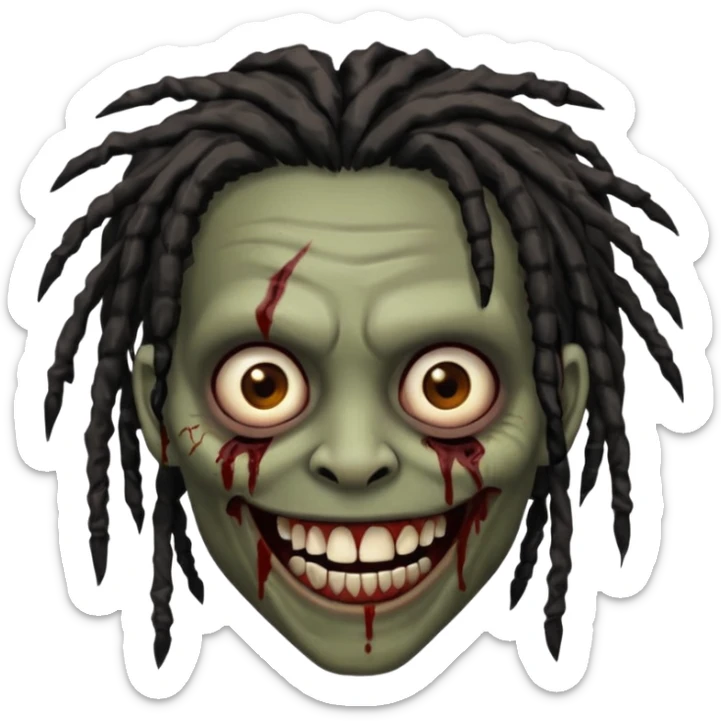 zombie with brown skin, messy black dreads hair, wide centered brown eyes, dark bloody marks under the eyes, and a smile showing crooked teeth grillz, giving a distressed, undead look. sticker