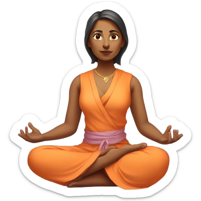 an  Indian woman, sleeveless pastel shirt
 yogi with a peaceful and meditative expression. The character should be wearing an orange robe, symbolizing traditional yogic attire. The yogi can be sitting in a lotus position sticker