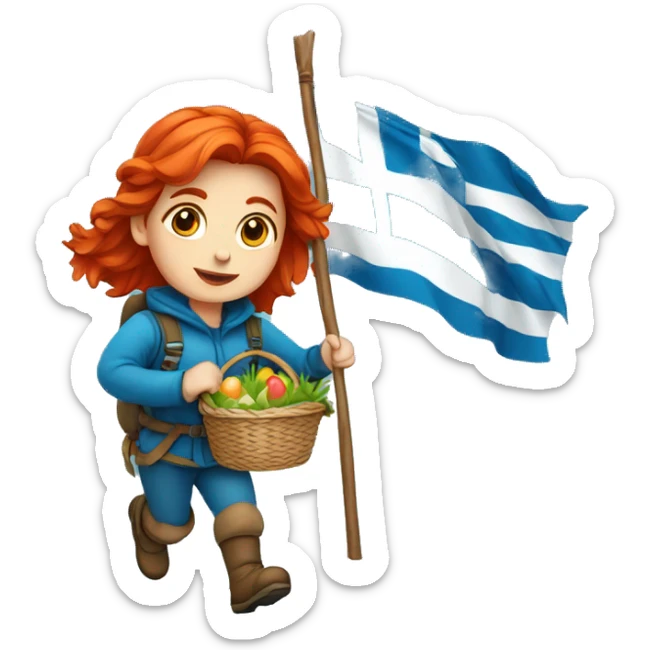 red hair female winter mountaineer climbing with Easter basket and Greek flag sticker