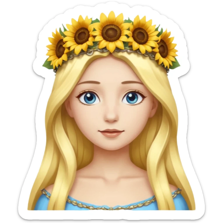 portrait woman long blonde hair blue eyes white skin wearing sunflower halo crown sticker