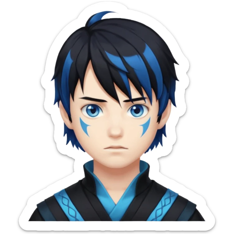 A guy with a pale skin,he has black hair the tip of his hair are blue and he has an anime style bang,his eyes are blue and he’s wearing a demon slayer attire sticker