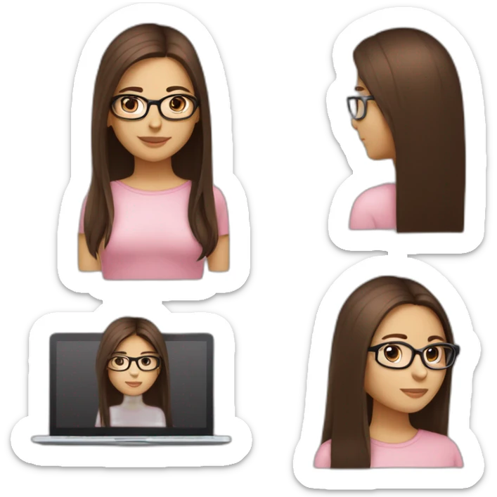 Beautiful woman, white skin, with glasses Color pink nude, with long straight hair dark brown color, dark brown eyes, with a laptop, with basic outfit in nude color and comfy sticker