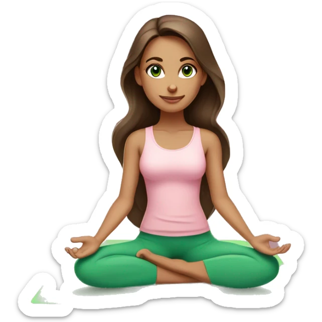 brunette long hair and green eyes yoga girl in light pink clothes sitting on a yoga mat sticker