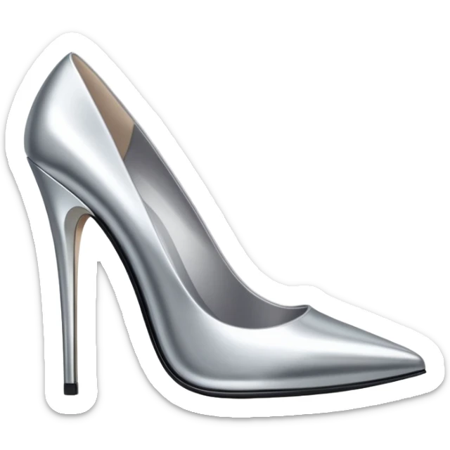 A pair of high heel shoes emoji made of polished silver chrome, elegant sharp silhouette, smooth metallic surface, glossy reflections, luxury sexy vibe, minimalistic iOS emoji style, centered, clean white background sticker