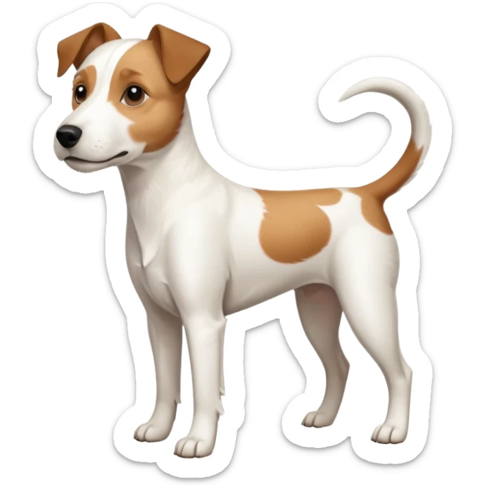 a full body large white parson russell terrier looking dog the size of a kelpie with light brown ears and a light brown patch on one eye and a large snout sticker