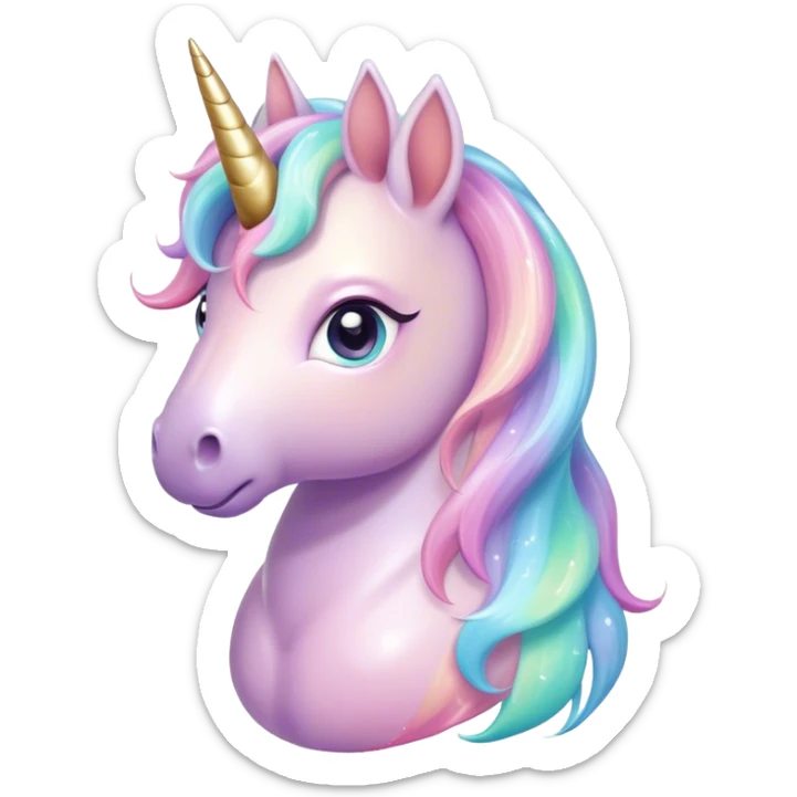 Cinematic pastel-colored unicorn, flowing iridescent mane, big sparkling eyes, tiny rounded hooves, soft chubby cheeks, delicate magical glow surrounding, enchanting and dreamy. sticker