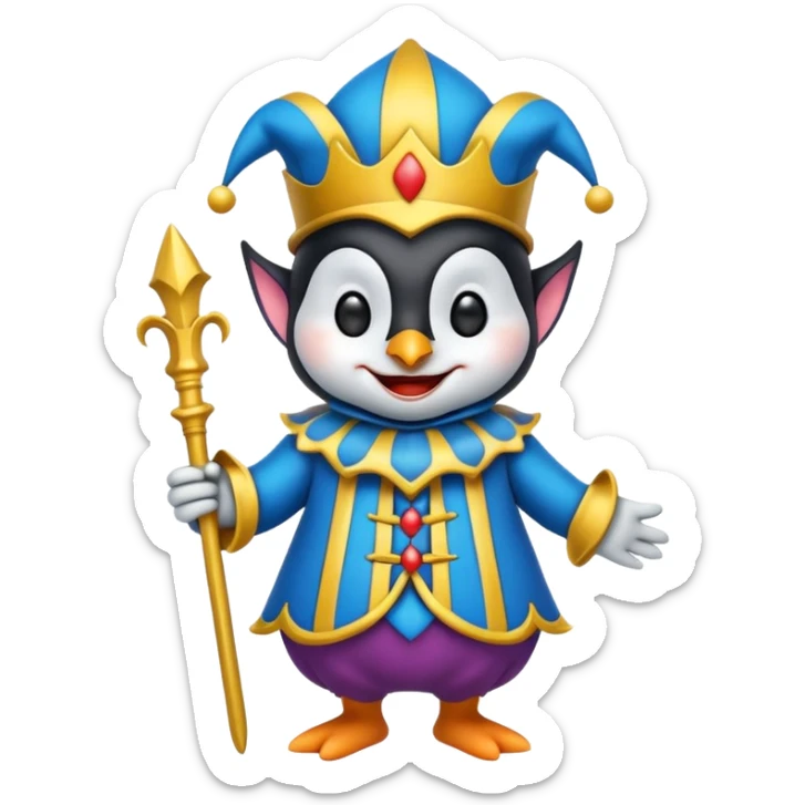 crazy colorful cute little penguin jolly joker, medieval, vintage, court jester, mac os icon, blue color sticker