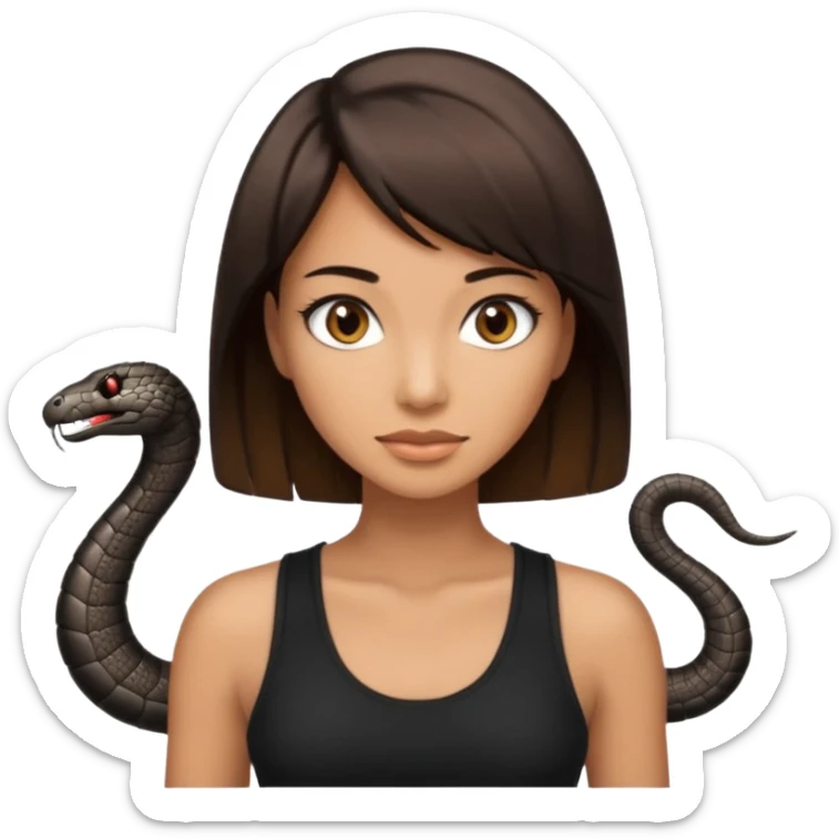 Femme brune yeux marron avec une coupe carré noir , femme couleur de peau typé, avec un cobra a côté , débardeur noir sticker