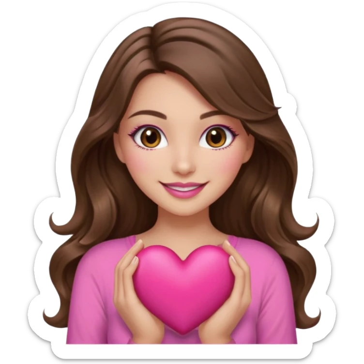 girl with long wavy brown hair, brown eyes, long lashes makeup, sexy pink lips, light to medium complexion, wearing a pink sexy top, smiling, holding a big heart sticker