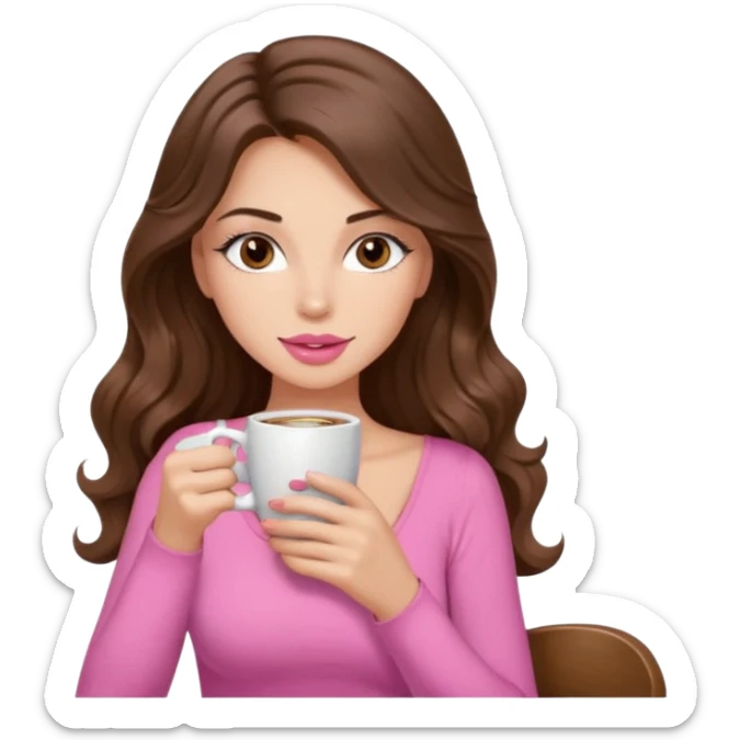 girl with long wavy brown hair, brown eyes, light to medium complexion, in a pink sexy top, pink lips, long lashes sipping coffee sticker