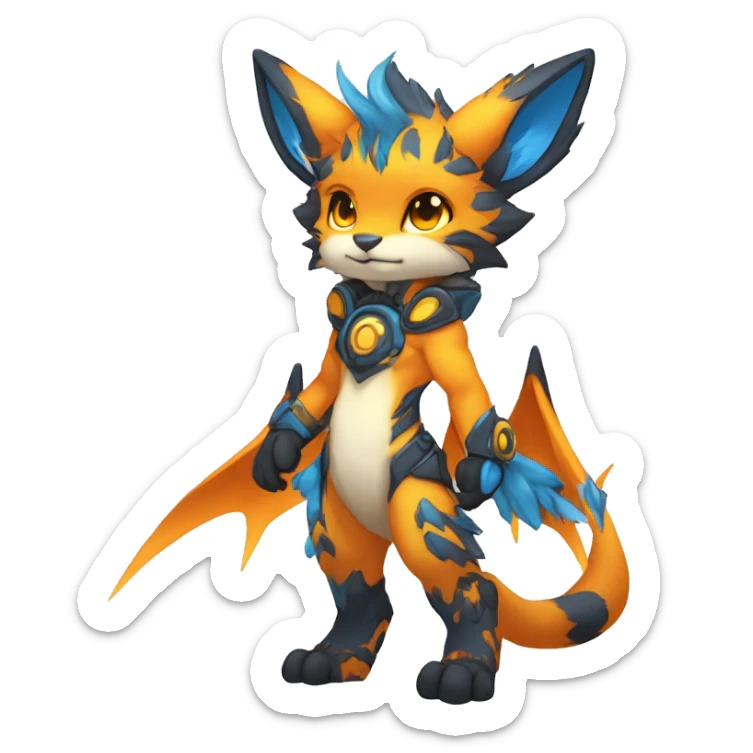 Anthro-Edgy-Cool-Blue-Orange-Yellow-Contrast-Colors-Fantasy-Fur-Sona-Chibi-Shiny-Fakémon-Hybrid full body sticker
