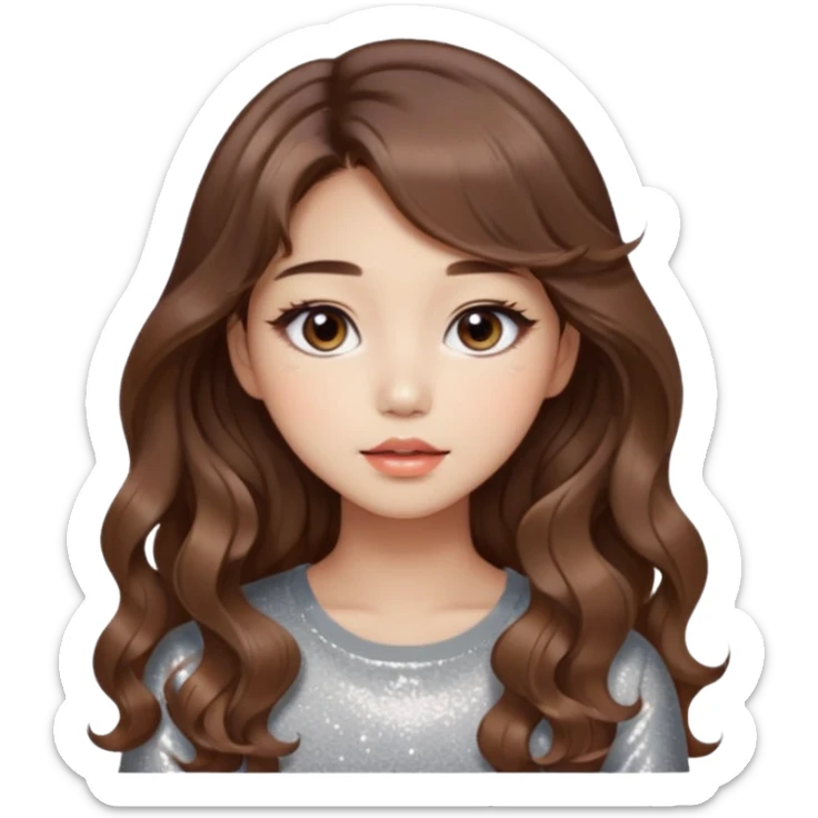 “korean brown hair Emoji girl, soft eyeliner, gradient lips, light brown shimmer eyeshadow, sparkly aegyo-sal, long wavy hair,  sticker