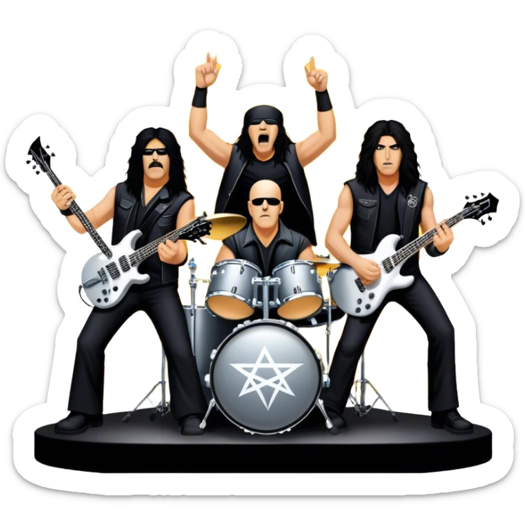 Icon for Heavy Metal: Anthrax live concert with Charlie Benante on drums, Joey Belladonna on vocals, Frank Bello on bass, Jonathan Donais and Scott Ian on guitars. The intense energy of the band is captured with instruments and stage lighting. Transparent background. sticker