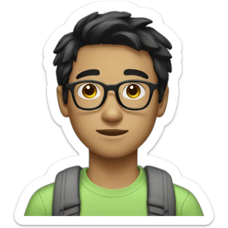 teen guy with black hair wearing glasses and a light green t-shirt sticker
