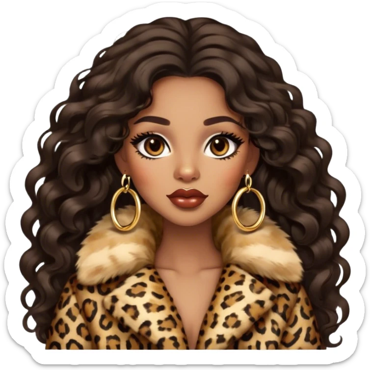 light brown skin tone, very beautiful woman, with big plump lips, long long lashes, black wavy long hair, brown eyes, leopard fur coat, gold hoop earrings sticker