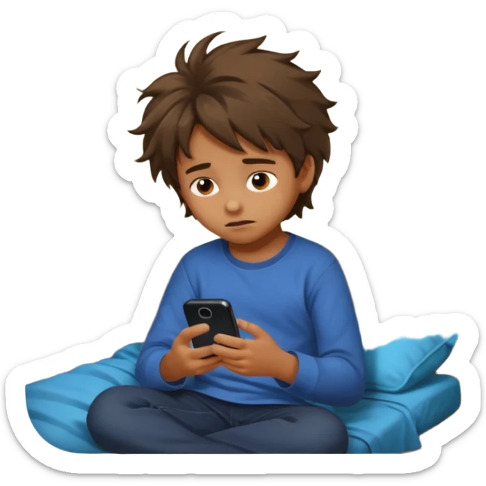 un niño de entre 3 - 10 años jugando con su celular, cansado en una habitacion apagada sticker