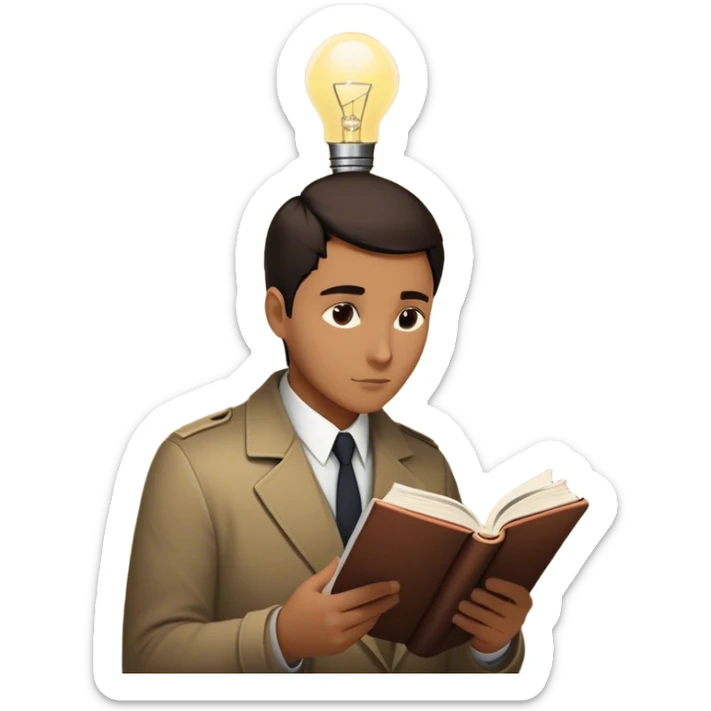  detective reads a book with a bold silhouette of a person on the cover, symbolizing a subject under investigation. The cover’s design is minimalist yet striking, hinting at mystery and deep research. A glowing lightbulb above the detective’s head signifies a moment of realization. sticker