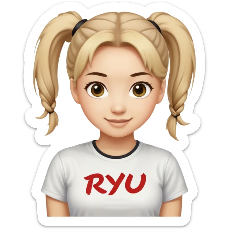 Beautiful girl smilling with big eyes, ponytail and "ryu" written on tshirt sticker