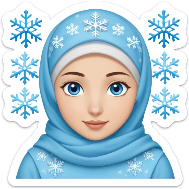 Turkish beautiful finish Konya girl blue eyes with light blue winter design hijab islamic dress and had on her hand snowflakes and she winks sticker