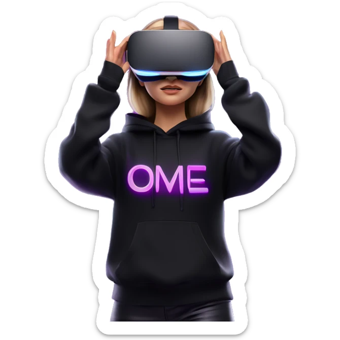 Russian girl wearing black hoody with violet letters "OMG", in vr headset oculus quest2. Standing like jedi. Cyberpunk style. Violet neon. sticker